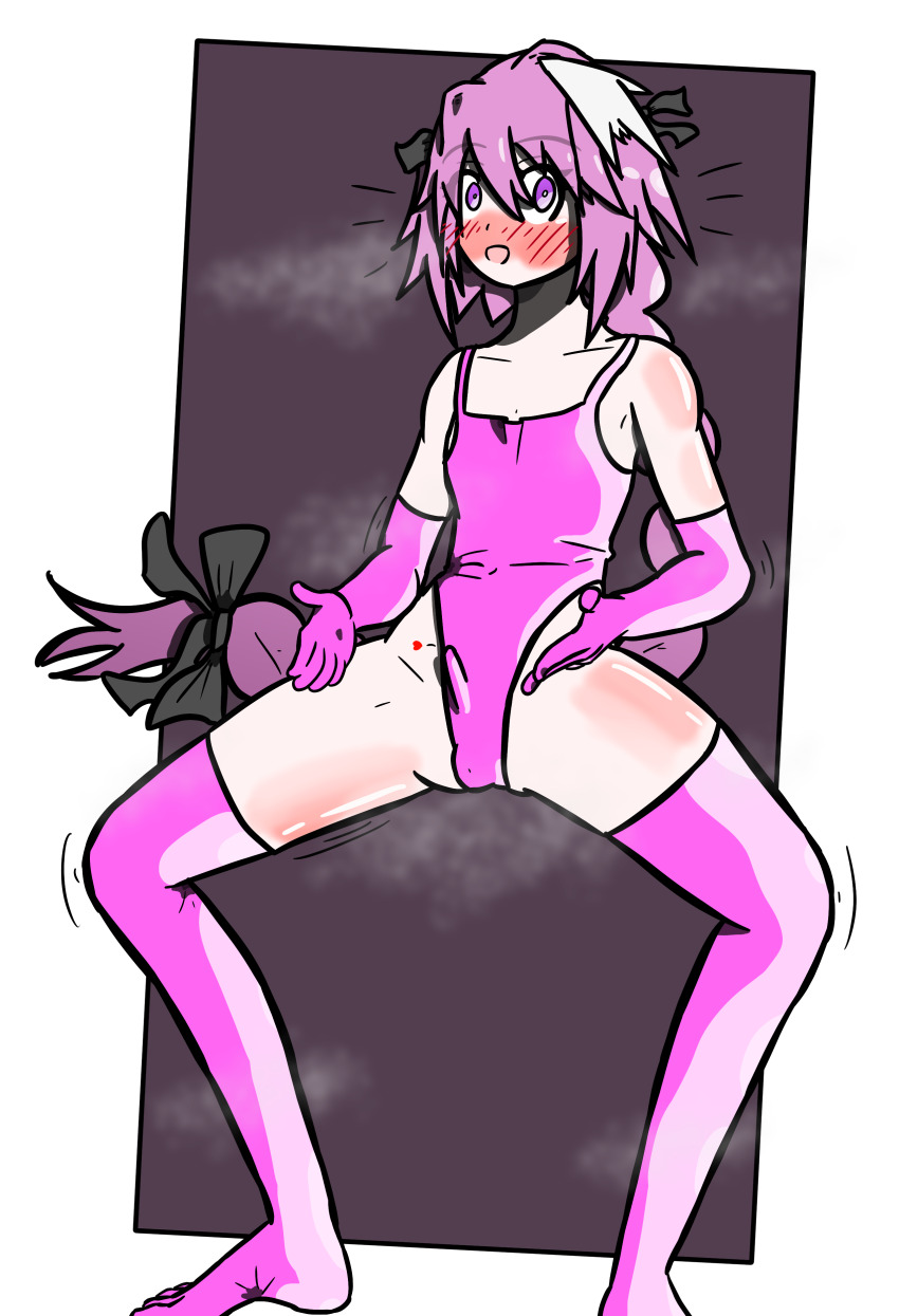 alternate_costume astolfo_(fate/grand_order) bare_shoulders blush erection erection_under_clothes fate/grand_order fate_(series) femboy haigure illumina leotard looking_at_viewer male_only malesub pink_eyes pink_hair ponytail solo thighhighs thighs very_long_hair