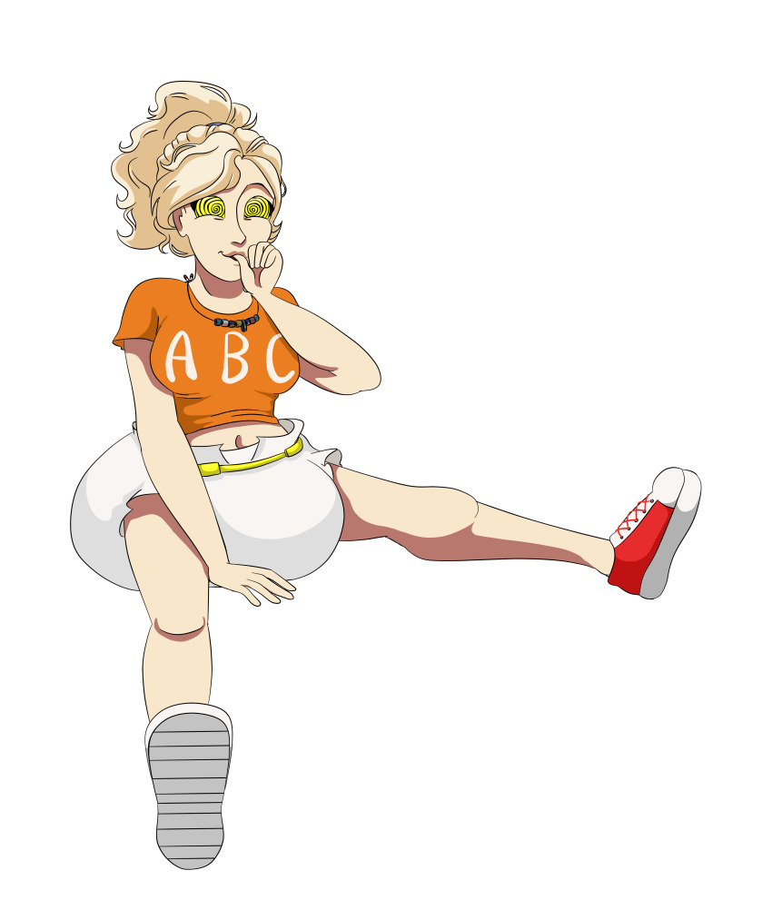 absurdres age_regression annabeth_chase blonde_hair breasts diaper femsub large_breasts midriff nastyalapka percy_jackson_&_the_olympians shoes sneakers spiral_eyes symbol_in_eyes thumb_sucking