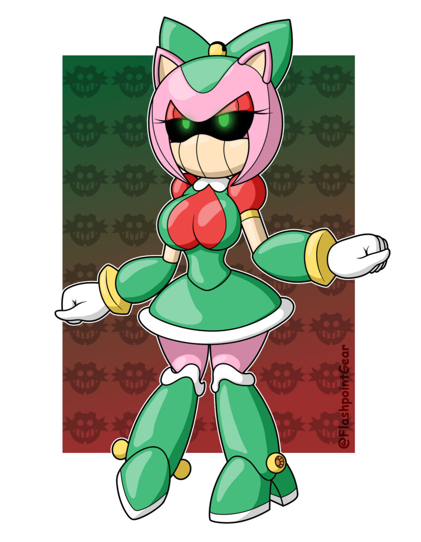 alternate_costume amy_rose animal_ears boots bow christmas cleavage clothed collar female_only femsub flashpointgear furry glowing_eyes green_eyes happy_trance hedgehog_girl robot robot_girl robotization skirt solo sonic_the_hedgehog_(series) tech_control transformation