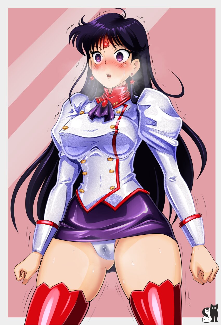 absurdres agent_aika black_hair blush breath cameltoe earrings empty_eyes erect_nipples_under_clothes female_only femsub hypnotic_accessory microchip open_mouth panties purple_eyes purple_hair rosvo sailor_mars sailor_moon_(series) simple_background skirt solo standing tech_control thighhighs trembling underwear very_long_hair wet
