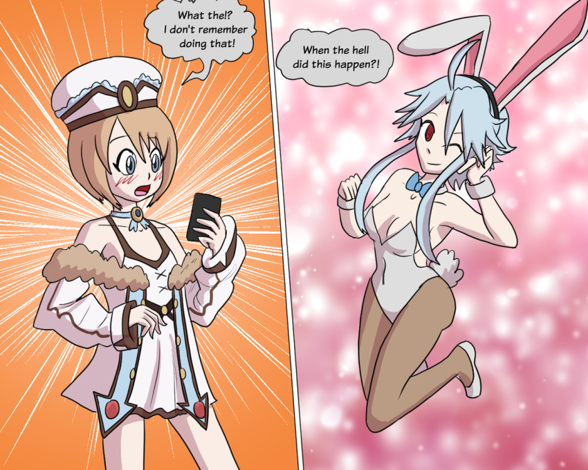 amnesia before_and_after blanc blue_eyes bunny_ears bunny_girl bunnysuit confused dialogue fake_animal_ears female_only femsub hyperdimension_neptunia mythkaz red_eyes tagme text white_heart