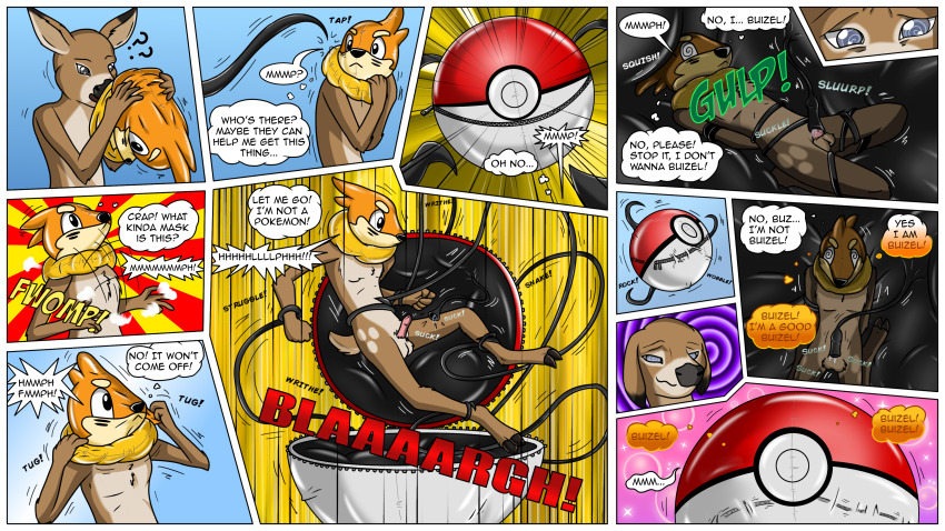 absurdres bondage bottomless buizel comic costume deer_boy erection furry gradient_text happy_trance hooves hypnotic_clothing hypnotic_eyes latex male_only malesub mask naughtycatnick navel nintendo non-human_feet nude penis pokeball pokemon resisting solo spiral_eyes stasis_tank symbol_in_eyes tentaclejob tentacles text topless transformation