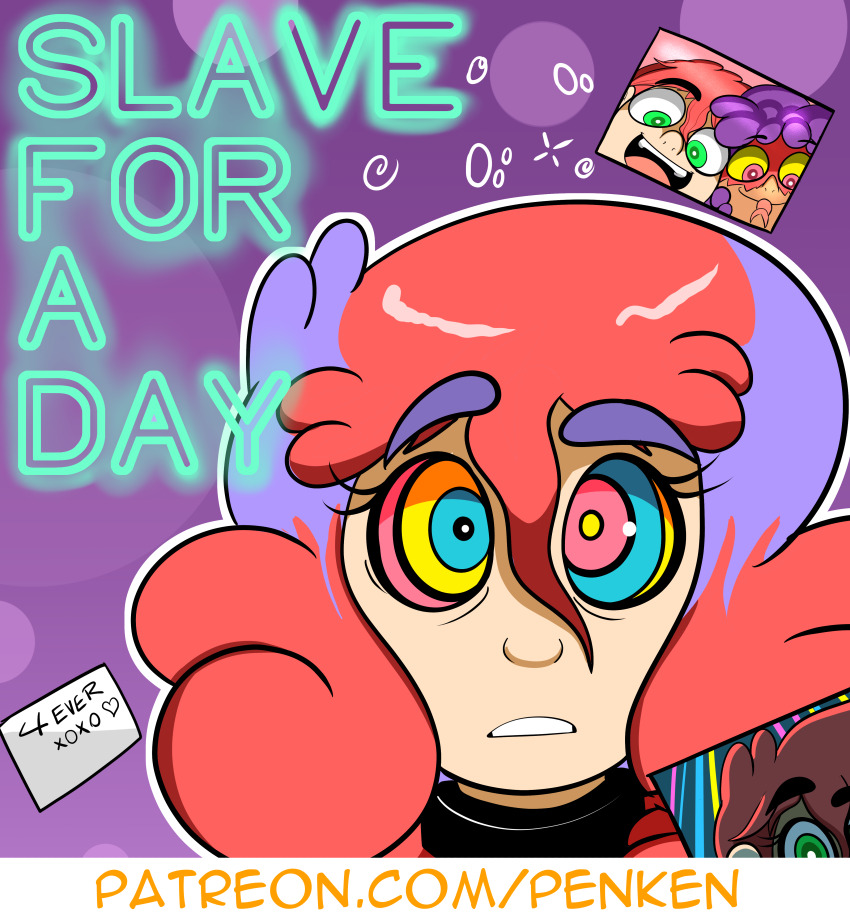 absurdres advertisement blue_hair collar comic expressionless femsub kaa_eyes looking_at_viewer multicolored_hair naomi_(penken) open_mouth original penken pov pov_dom purple_hair red_hair text