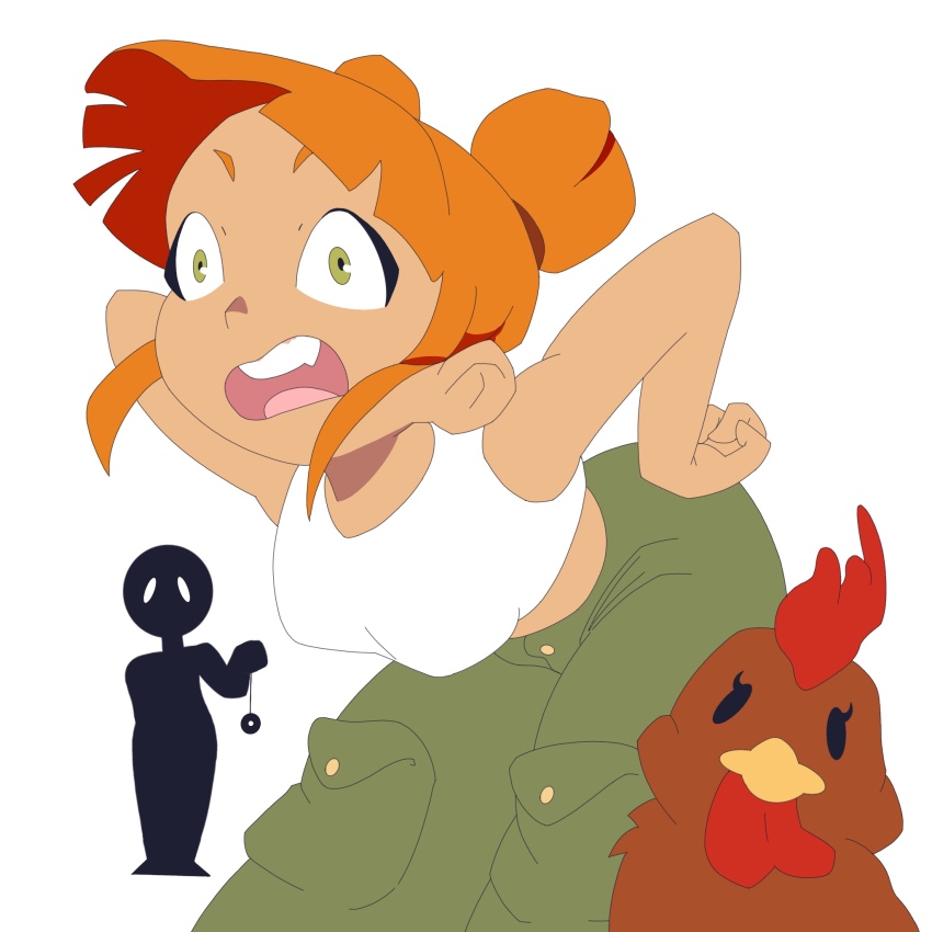 chicken chicken_pose crop_top femsub green_eyes hair_buns open_mouth orange_hair original pendulum simple_background sourowl white_background