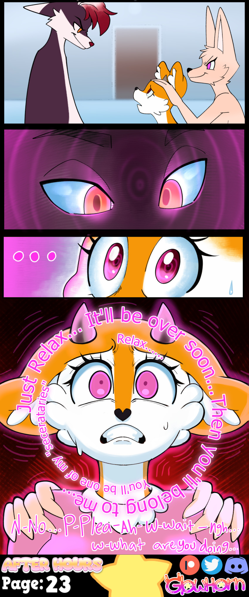 absurdres aggretsuko artifact_the_fox clothed comic corruption deer_girl dialogue evil_smile femdom femsub fenneko_(aggretsuko) fox_boy fox_girl furry glowhorn glowing glowing_eyes hand_on_head horns hypnotic_eyes maledom nude office orange_eyes original pink_eyes red_eyes red_hair sanrio shirt simple_background smile smirk spiral spiral_eyes spiralwash_eyes sweat tsunoda_(aggretsuko) white_hair