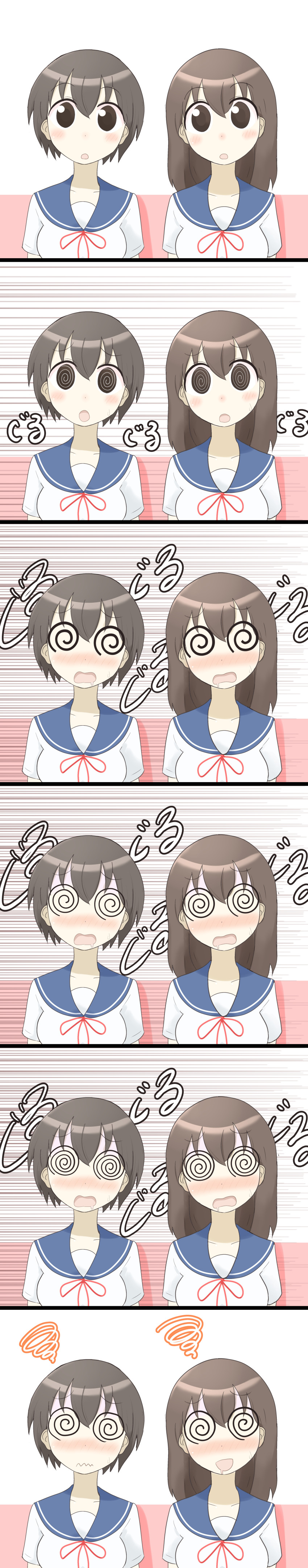 absurdres before_and_after blush brown_eyes brown_hair clothed confused dazed drool eyebrows_visible_through_hair female_only femsub happy_trance japanese_text multiple_girls multiple_subs original school_uniform sequence smile spiral_eyes spiralwash_eyes surprised sweat symbol_in_eyes text tn unhappy_trance