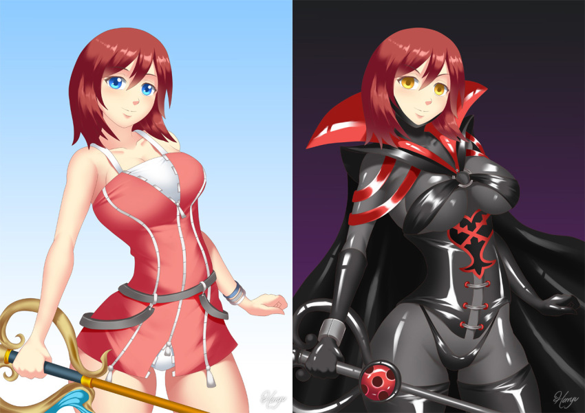 before_and_after blue_eyes breasts cape corruption corset empty_eyes femsub happy_trance haryudanto kairi kingdom_hearts large_breasts latex long_hair red_hair solo thighhighs weapon yellow_eyes