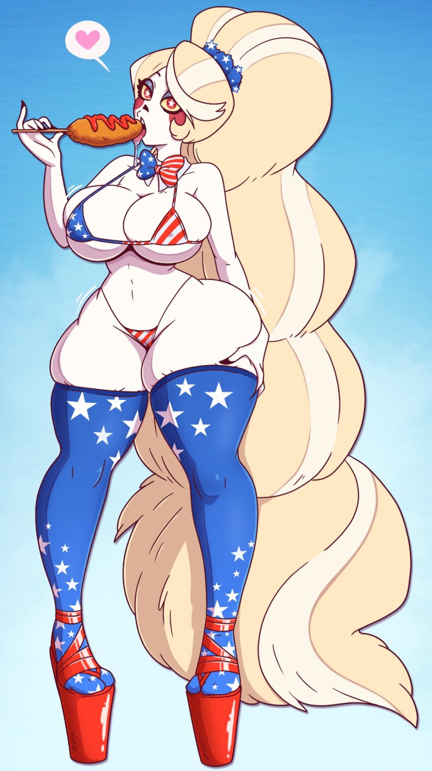 bikini bikini_bottom bikini_top bimbofication blonde_hair breast_expansion breasts charlie_(hazbin_hotel) drool flag_bikini food hazbin_hotel heart high_heels large_ass large_breasts long_hair symbol_in_eyes thighhighs tongue tongue_out transformation wrenzephyr2