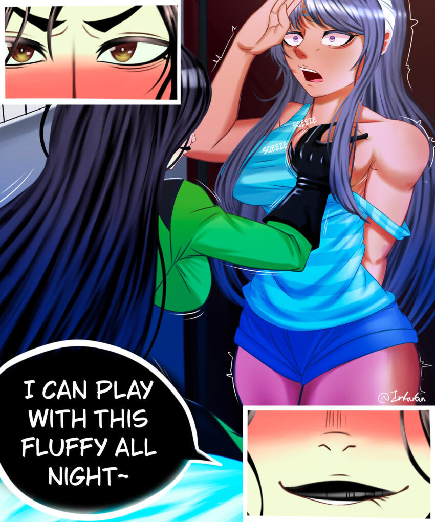 bare_shoulders black_hair black_lipstick blush breast_grab clothed crossover dark_skin dialogue disney empty_eyes expressionless female_only femdom femsub gloves green_skin groping headband hunie_pop inkukuni kim_possible_(series) kyanna_delrio lip_biting long_hair microchip multiple_girls open_mouth purple_eyes saluting shego shorts shrunken_irises sitting smile smirk standing standing_at_attention tank_top tech_control thighs