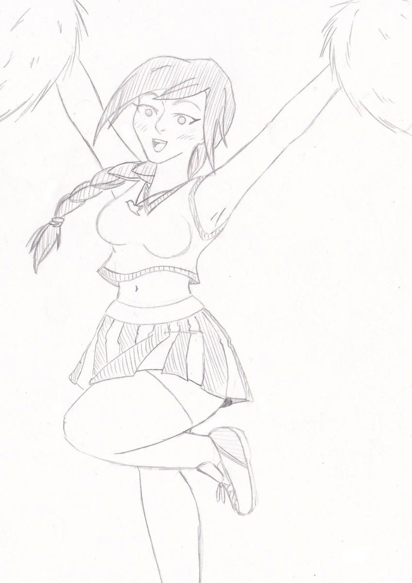 absurdres blush cheerleader disguised_hypnotist greyscale happy_trance hypnotic_accessory long_hair necklace open_mouth percy_jackson_&_the_olympians ponytail reyna_ramírez-arellano shoes sketch skirt smile