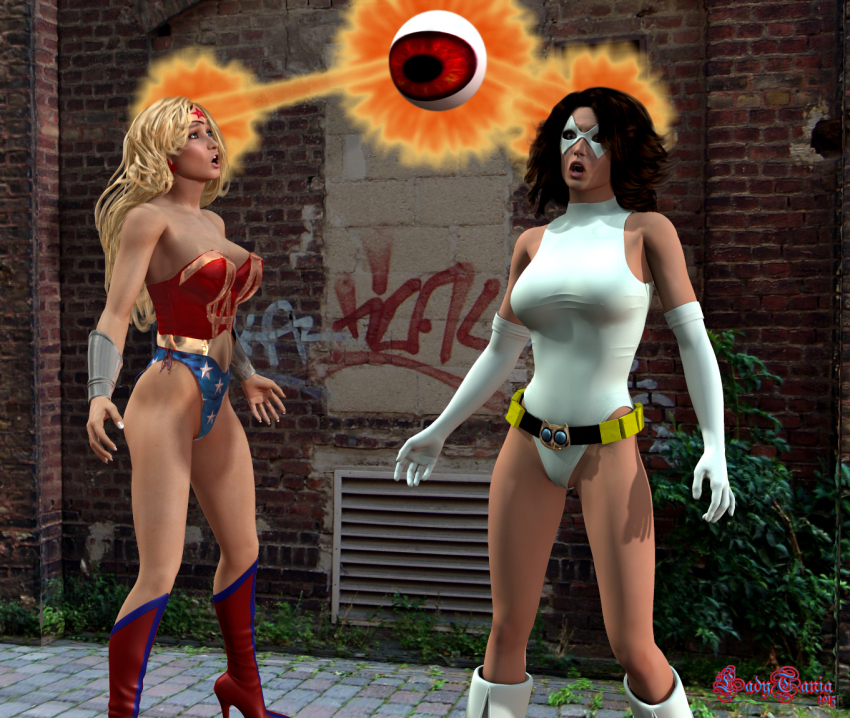 3d bare_shoulders beam belt blue_eyes boots bracers breasts brown_hair cleavage corruption dazed earrings exposed_chest eye_roll face_mask female_only femsub gloves headband high_heels leotard long_hair multiple_girls multiple_subs open_mouth opera_gloves original standing super_hero the_eye_(ladytania) ultra_woman white0wlsuperheroine white_owl