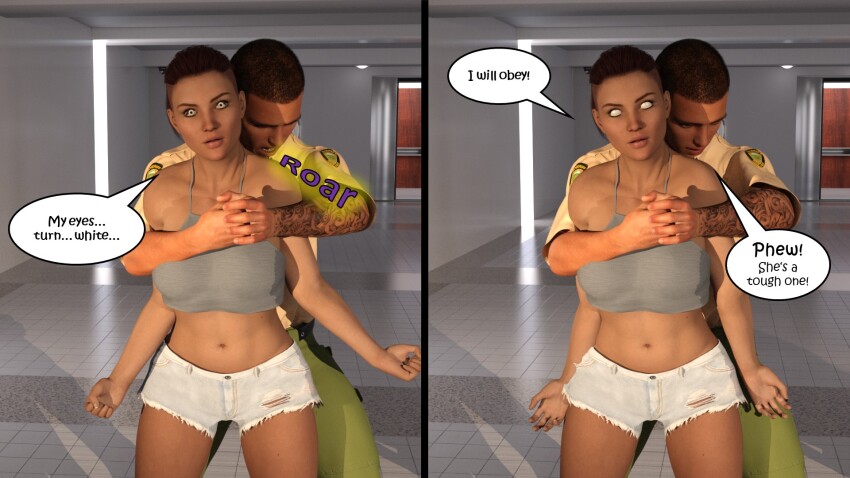 3d absurdres bare_shoulders before_and_after brown_hair clothed collarbone comic crop_top dialogue expressionless femsub hexxet hug jean_shorts large_breasts layla_evans maledom navel resisting restrained shirt short_hair short_shorts shorts source_request speech_bubble standing tagme tank_top tattoo text the_gift tomboy unaware white_eyes whitewash_eyes