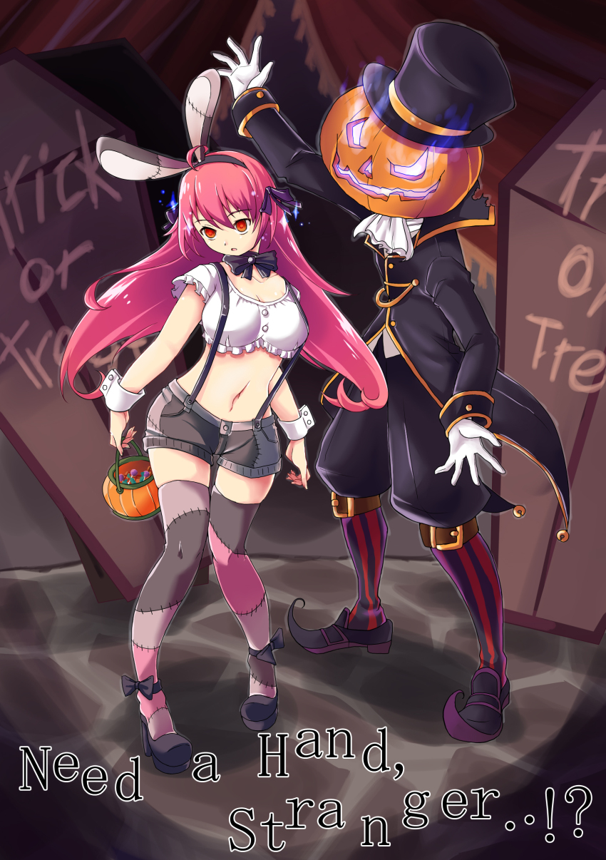 absurdres ahoge breasts bunny_ears bunnysuit cuffs dazed empty_eyes expressionless femsub glowing glowing_eyes halloween high_heels jack_o'_lantern large_breasts long_hair magic midriff nell-chrome open_mouth original pink_hair red_eyes text