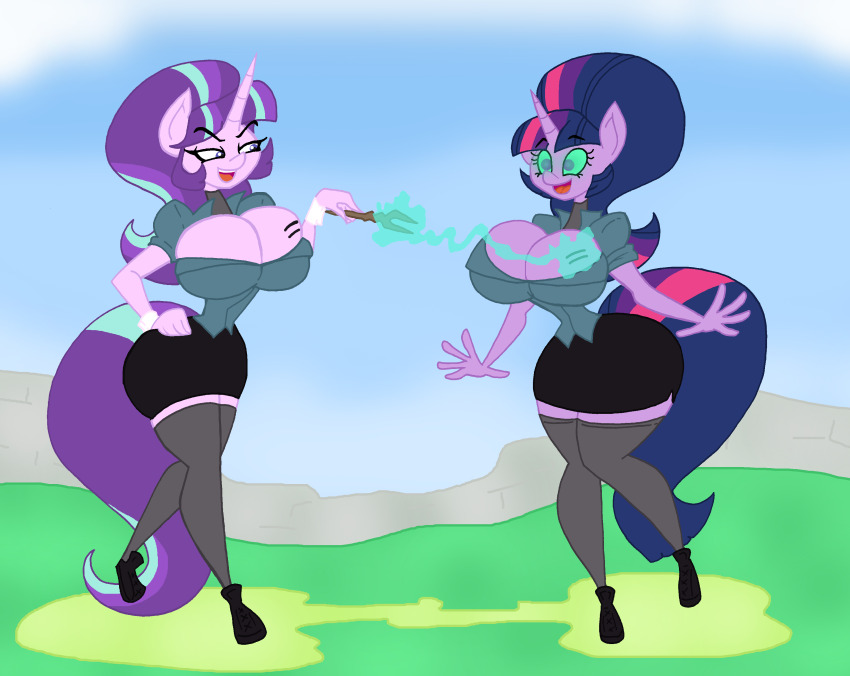 absurdres breasts cleavage female_only femdom femsub happy_trance horns horse_girl kaa_eyes large_breasts long_hair lordebonfuze magic magic_wand multicolored_hair my_little_pony open_mouth ponytail starlight_glimmer straight-cut_bangs tattoo thighhighs twilight_sparkle