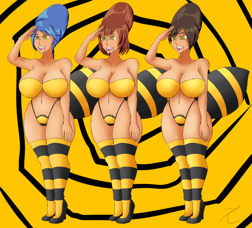 aqua_(kingdom_hearts) bee_girl bee_suit beehive_hair black_hair blue_hair disney drool female_only femsub happy_trance high_heels kairi kingdom_hearts large_breasts red_hair saluting spiral_eyes standing_at_attention symbol_in_eyes the_us_doctor xion_(kingdom_hearts)