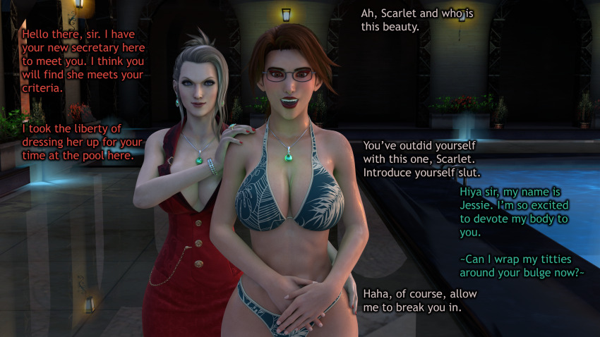 3d absurdres bikini breasts brown_hair dialogue dochaunt enemy_conversion evil_smile femsub final_fantasy final_fantasy_vii glasses glowing hand_on_hip hypnotic_accessory jessie_rasberry jewelry large_breasts lipstick makeup platinum_blonde_hair red_dress scarlet_(ff7) smile text