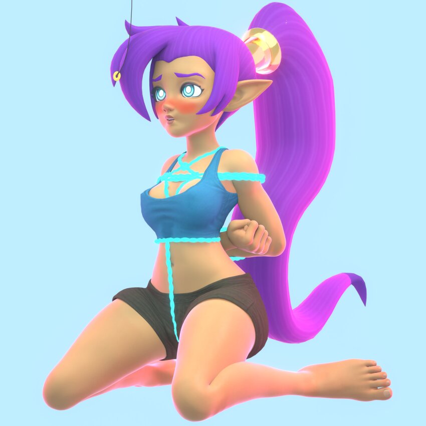 absurdres arms_behind_back bare_legs barefoot blue_eyes blush bondage crop_top elf_ears femsub glowing_eyes hair_ornament harem_outfit kneeling legoguy9875 long_hair midriff open_mouth pendulum ponytail purple_hair rope shantae shantae_(series) shibari shorts simple_background tan_skin tank_top very_long_hair