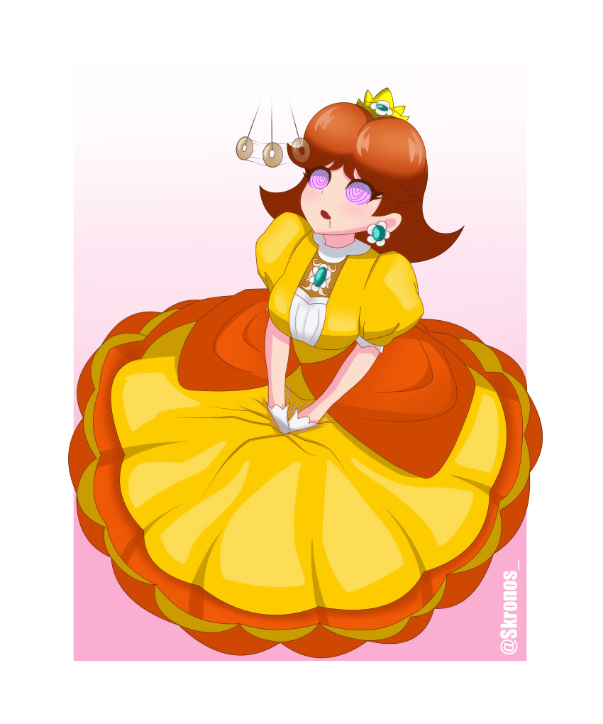 absurdres clothed crown dress drool earrings expressionless female_only femsub gloves gradient_background kronobas28 masturbation nintendo open_mouth pendulum pink_background princess princess_daisy signature simple_background solo spiralwash_eyes super_mario_bros.