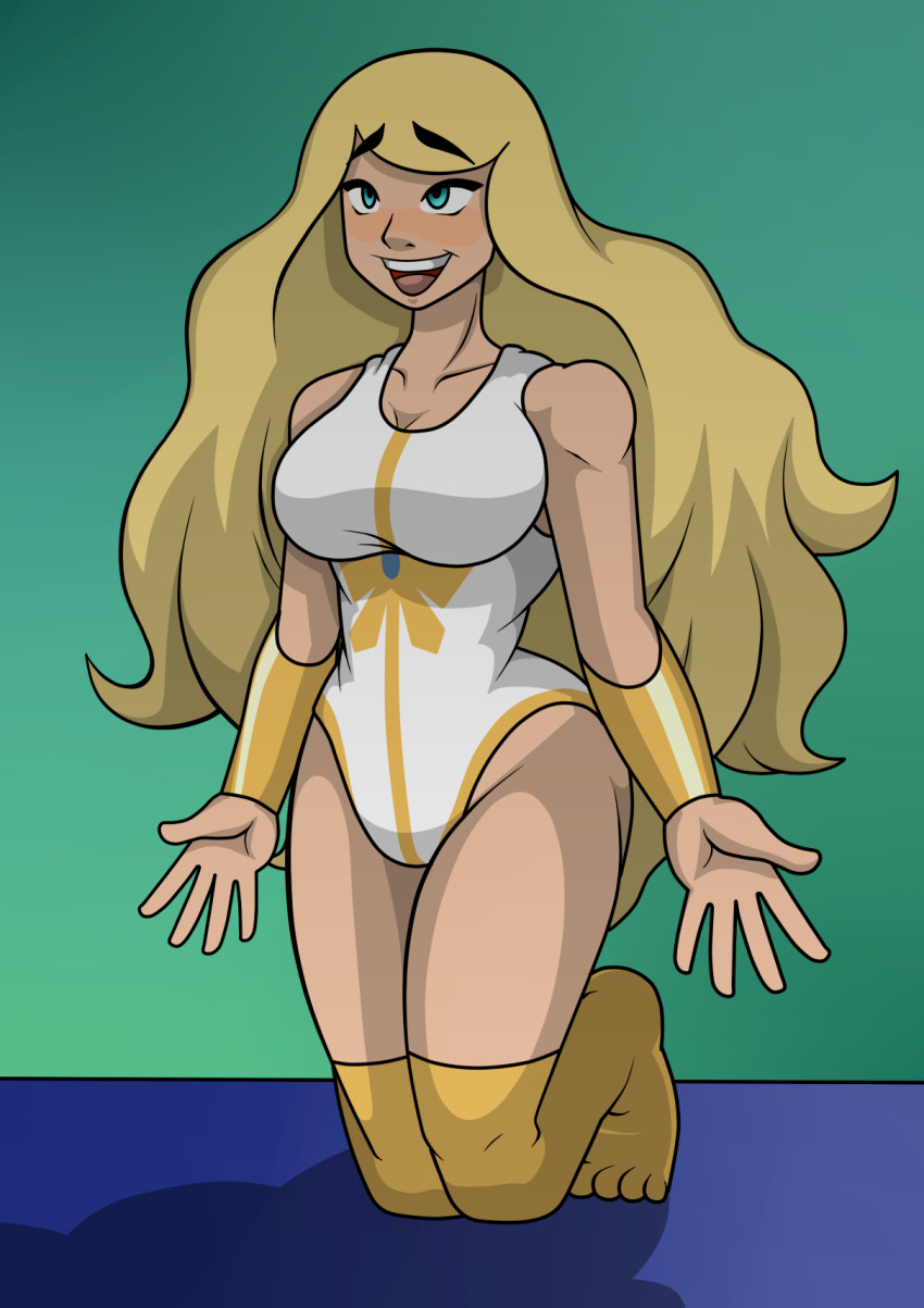 alternate_costume blonde_hair blue_eyes blush breasts cleavage disguised_hypnotist female_only femsub happy_trance kneeling large_breasts leotard long_hair open_mouth she-ra she-ra_and_the_princesses_of_power socks solo thighhighs