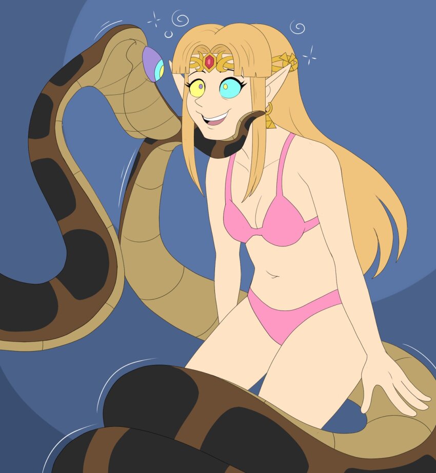 bikini bikini_bottom bikini_top blonde_hair blue_background chin_hold circlet cleavage disney earrings elf_ears femsub happy_trance kaa kaa_eyes long_hair nintendo plsgts princess princess_zelda small_breasts snake the_jungle_book the_legend_of_zelda