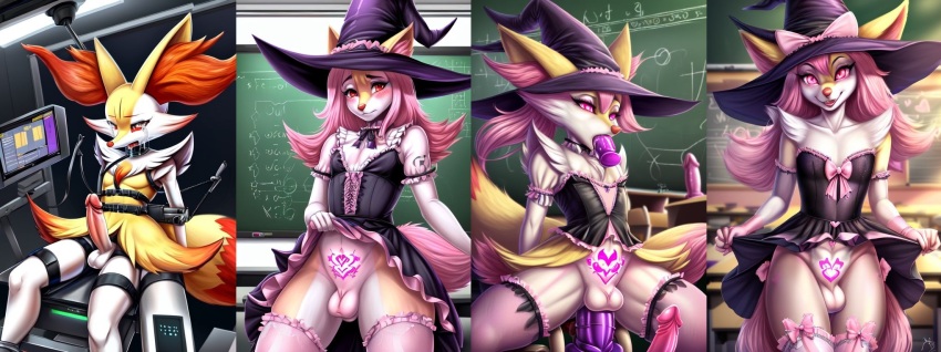 ai_art before_and_after bondage bow braixen crossdressing dildo embarrassed erection feminization furry glowing glowing_eyes nintendo pink_eyes pink_hair pokemon pokemon_(creature) sex_toy skirt skirt_lift tagme tattoo thebeast4803_(generator) thighhighs trigger witch_hat