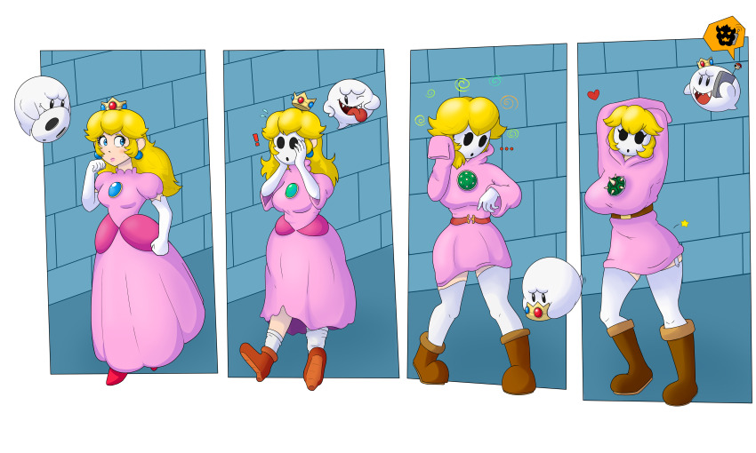 absurdres before_and_after blonde_hair boo boots breast_expansion breasts crown earrings femsub garter_straps ghost gloves heart hypnotic_accessory jewelry long_hair mask nintendo princess princess_peach sequence short_hair shyguy super_mario_bros. thighhighs transformation xxcloneyxx