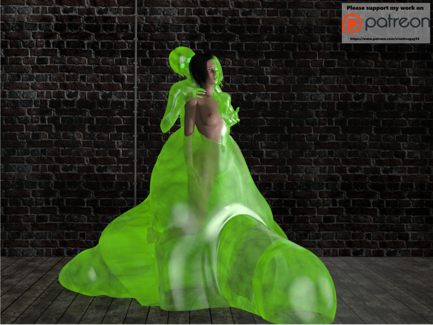 3d black_hair bottomless breasts corruption creativeguy59 erect_nipples female_only goo_girl green_eyes green_hair large_breasts monster_girl nude original slime topless