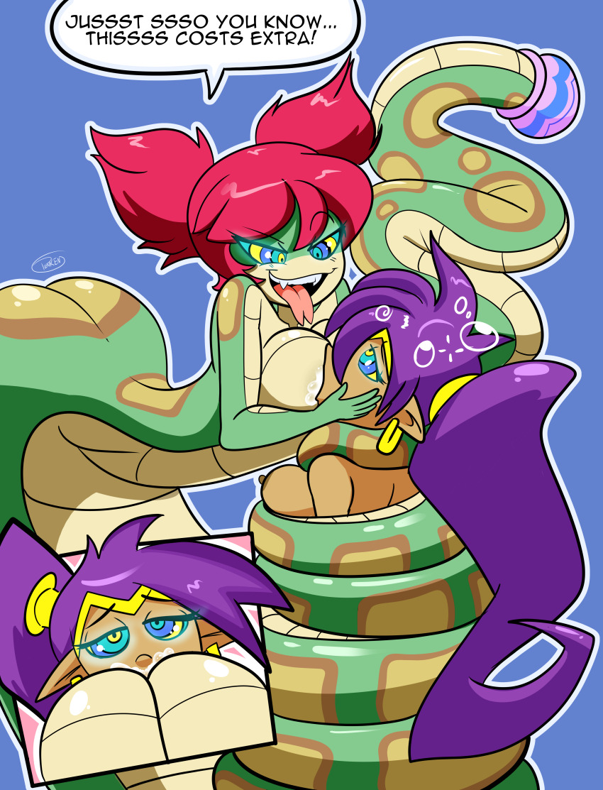 absurdres breast_sucking breasts coils dazed evil_smile fangs female_only femdom femsub glowing glowing_eyes hypnotic_eyes kaa_eyes lactation large_breasts monster_girl naga_girl nipples penken ponytail purple_hair red_hair shantae shantae_(series) simple_background smile snake_girl tongue tongue_out topless tuki twintails yuri