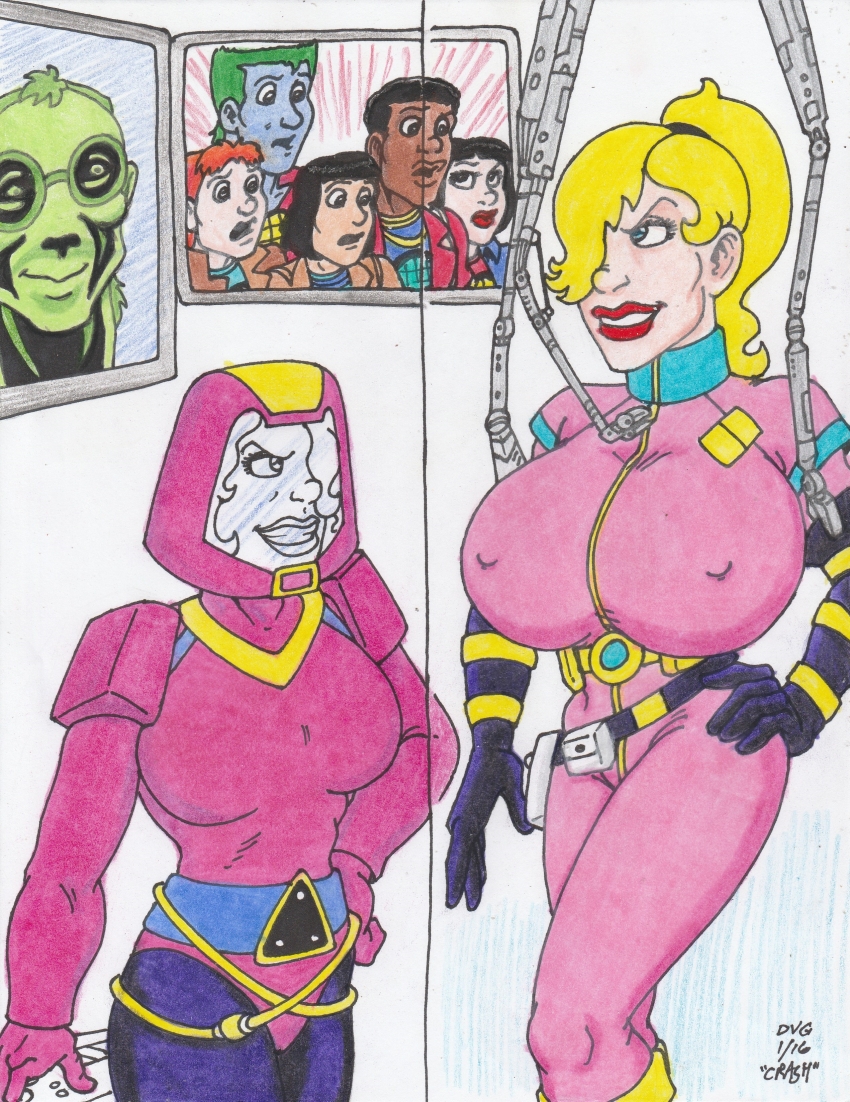 absurdres alternate_costume alternate_hairstyle blonde_hair bodysuit breast_expansion breasts captain_planet captain_planet_(series) corruption crash doctor_blight erect_nipples femdom femsub gi hair_covering_one_eye happy_trance kwame large_breasts linka ma-ti maledom ponytail shorts tech_control traditional wheeler