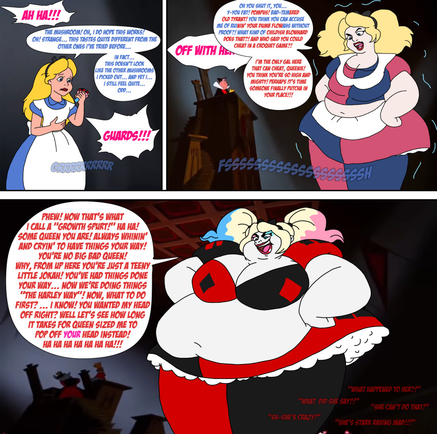 absurdres alice alice_in_wonderland blonde_hair blue_eyes comic dc_comics disney dress english_text female_only giantess growth hairband hand_on_hip harley_quinn hypnotic_food jm0364 midriff navel open_mouth pale_skin queen_of_hearts speech_bubble transformation twintails weight_gain western