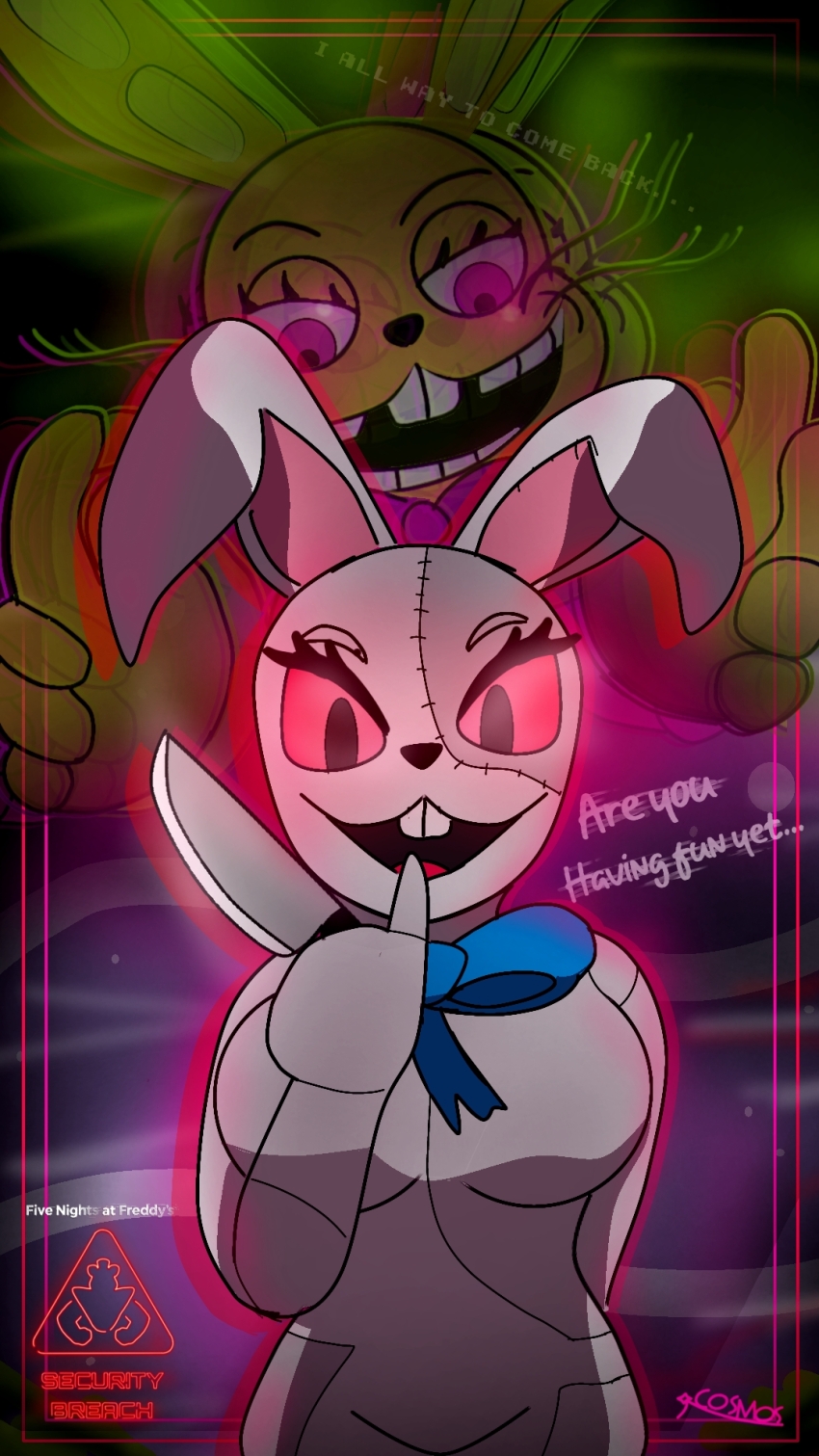 blonde_hair bunny_ears bunny_girl bunnysuit female_only femsub five_nights_at_freddy's five_nights_at_freddy's:_security_breach five_nights_at_freddy's_help_wanted fursuit glitchtrap glowing_eyes happy_trance purple_eyes vanessa_(five_nights_at_freddy's) vanny