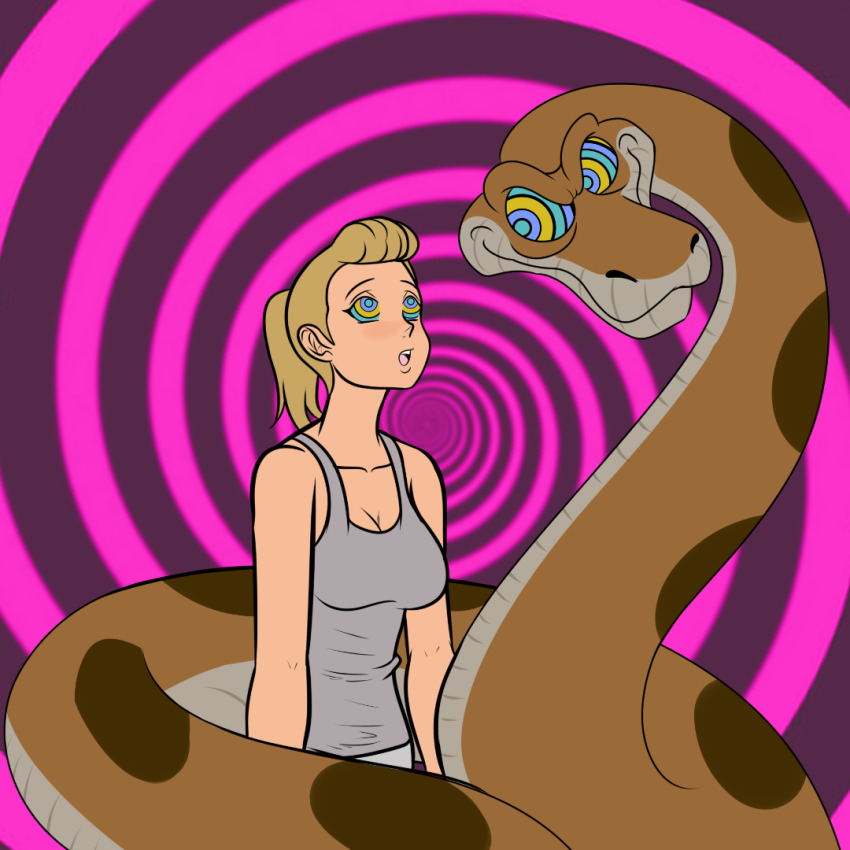 adora blonde_hair cleavage clothed collarbone dazed disney femsub instant_loss kaa katsiika maledom open_mouth ponytail she-ra_and_the_princesses_of_power smirk snake spiral_background spiral_eyes standing tank_top the_jungle_book
