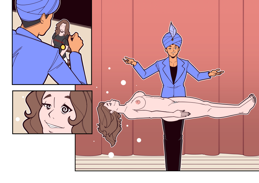 absurdres brown_hair cara_(bewitchingcara) catalepsy cum_in_pussy ef-nsfw femsub floating levitation maledom nude original ram&oacute;n_(msmith322) spiral_eyes spiralwash_eyes stage stage_hypnosis tagme turban