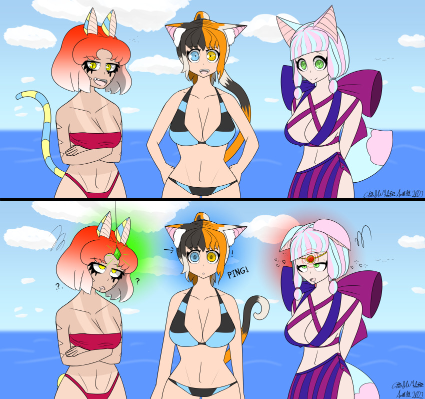 absurdres bare_shoulders beach before_and_after bikini bikini_bottom bikini_top black_hair blue_eyes blue_hair body_markings bow breasts cat_ears cat_girl cat_tail cleavage comic crossed_arms crossed_eyes crystal drool egyptian empty_eyes expressionless eye_roll eyebrows_visible_through_hair female_only femsub fox_ears fox_girl fox_tail green_eyes happy_trance hypnotic_accessory jewelry large_breasts large_hips mascara midriff multicolored_eyes multicolored_hair multiple_girls multiple_subs open_mouth orange_eyes orange_hair original pale_skin pendulum ping pink_hair ponytail red_hair reimiko_(sobergin) rosie_(sobergin) short_hair slouching smile sobergin spiral_eyes standing standing_at_attention surprised tail tan_lines tan_skin text thighs thong trigger tube_top tulip_(sobergin) twintails white_hair yellow_eyes
