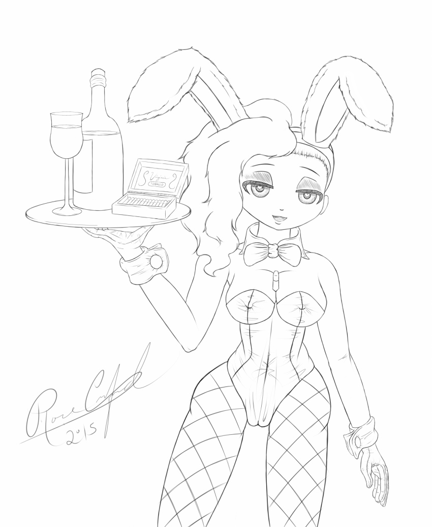absurdres bunny_ears bunnysuit cleavage collar cuffs fake_animal_ears female_only femsub fishnets gloves greyscale happy_trance heart heart_eyes looking_at_viewer original sidecut sketch solo symbol_in_eyes tray violet_(violetriot) waitress yuu-chan