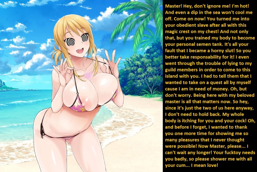 beach bikini blonde_hair breasts caption clothed_exposure fairy_tail female_only femsub happy_trance hypnotic_tattoo large_breasts lucy_heartfilia magic manip micro_bikini misterman4_(manipper) short_hair smile solo spiral_eyes swimsuit symbol_in_eyes tamagoro tattoo text twintails