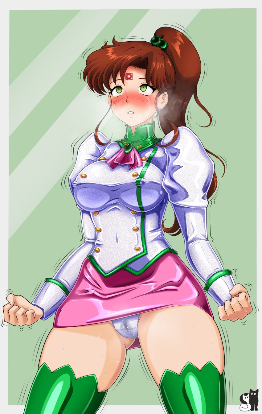 absurdres blush breasts breath brown_hair cameltoe erect_nipples_under_clothes expressionless eye_roll female_only femsub glowing_eyes green_eyes long_hair microchip panties ponytail resisting ribbon rosvo sailor_jupiter sailor_moon_(series) short_skirt simple_background skirt solo standing tech_control thighhighs trembling