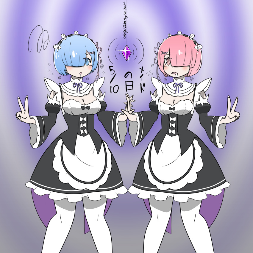 apron bangs blue_hair blush bow breasts cleavage crystal dazed dress drool erect_nipples_under_clothes expressionless eyebrows_visible_through_hair eyelashes female_only femsub frills gradient_background hair_covering_one_eye hair_ornament holding_hands maid maid_headdress multiple_girls multiple_subs open_mouth pale_skin ram_(re:zero) re:zero_starting_life_in_another_world red_hair rem_(re:zero) short_hair sisters skirt small_breasts sobergin spiral spiral_background spiral_eyes thighhighs twins v