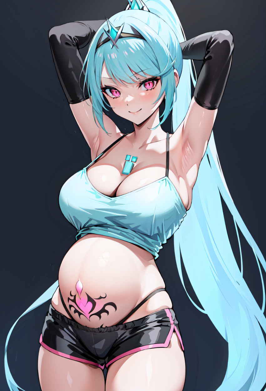 ai_art armpits arms_above_head bare_shoulders blue_hair blush cameltoe cleavage crotch_tattoo earrings empty_eyes female_only femsub gloves grey_background hair_ornament huge_breasts looking_at_viewer nintendo opera_gloves pink_eyes pneuma_(xenoblade) ponytail pregnant short_shorts shorts simple_background smile solo standing tank_top tattoo tight_clothing toirettopepa_no_fukuro_(generator) very_long_hair xenoblade_chronicles xenoblade_chronicles_2