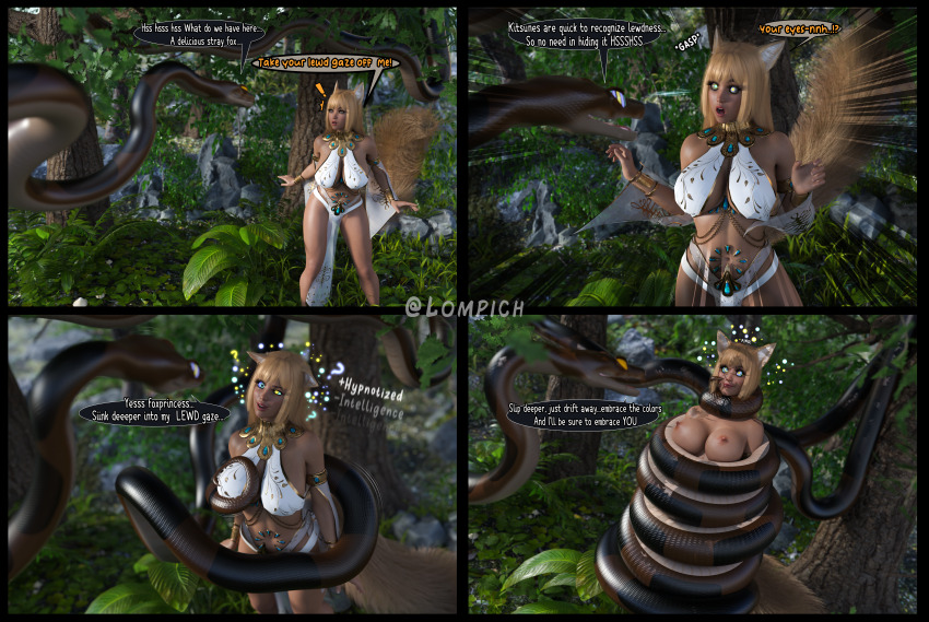 3d bare_legs bare_shoulders blonde_hair breast_grab breasts clothed coils comic disney erect_nipples femsub fox_girl happy_trance hypnotic_eyes kaa kaa_eyes lompich original snake tagme text the_jungle_book