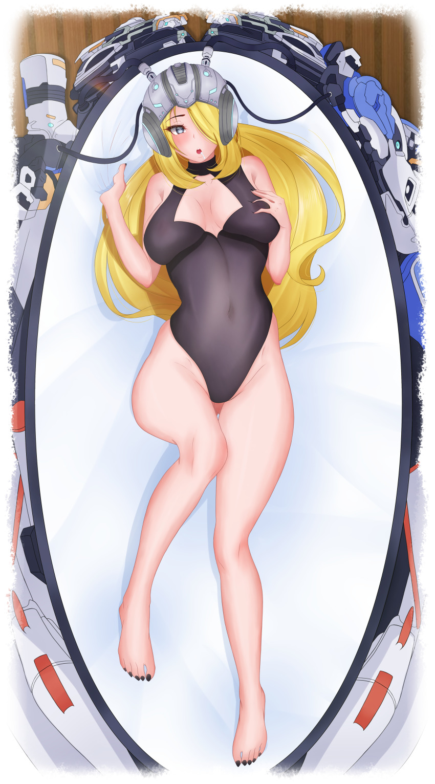 a-chan absurdres blonde_hair blush breasts cynthia drool empty_eyes female_only femsub hair_covering_one_eye helmet large_breasts long_hair nintendo one-piece_swimsuit open_mouth pokemon pokemon_diamond_pearl_and_platinum solo swimsuit tech_control
