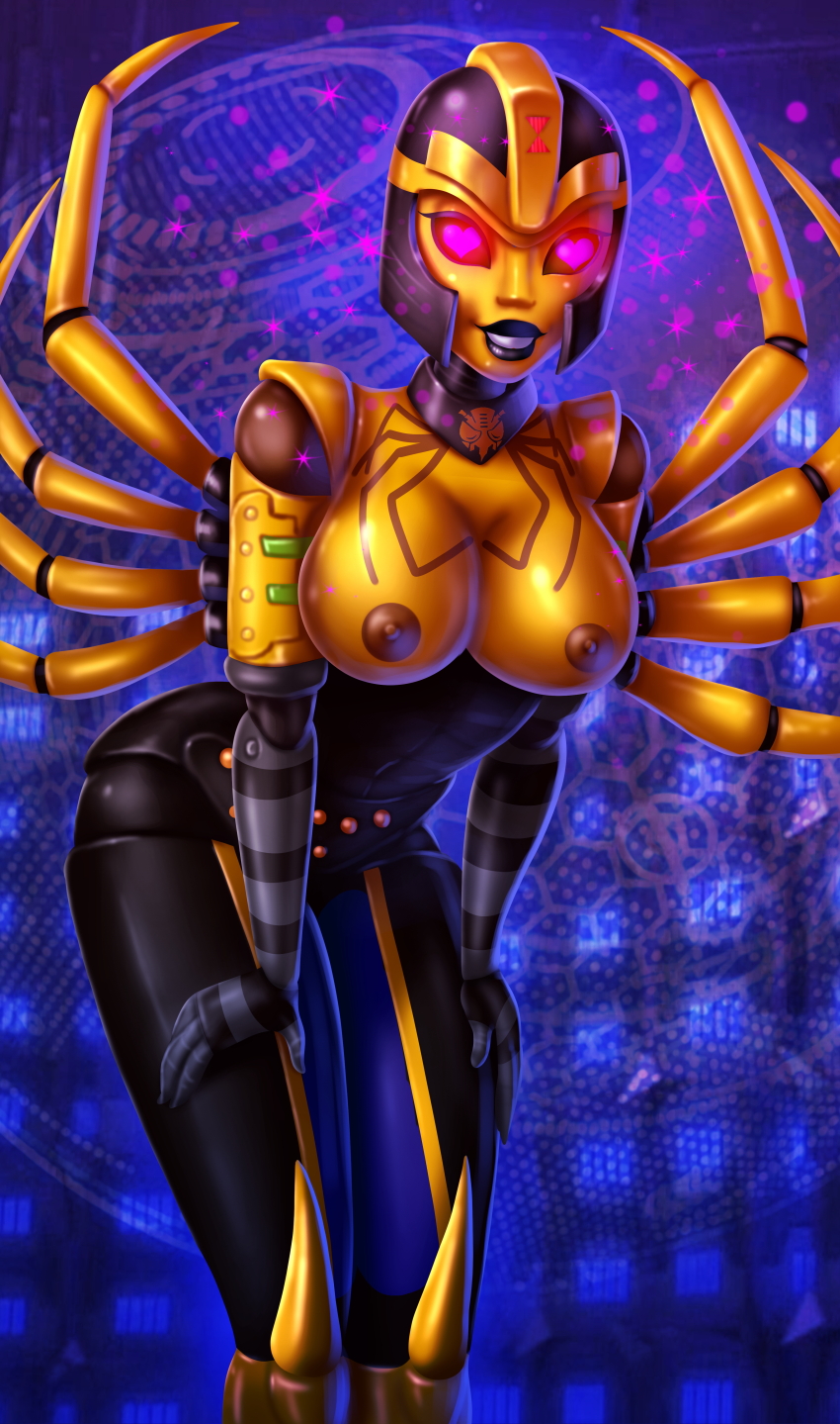 14-bis absurdres beast_wars_transformers black_lipstick blackarachnia cleavage erect_nipples glowing_eyes happy_trance heart_eyes large_breasts love_potion robot_girl smile spider_girl story tech_control topless transformers