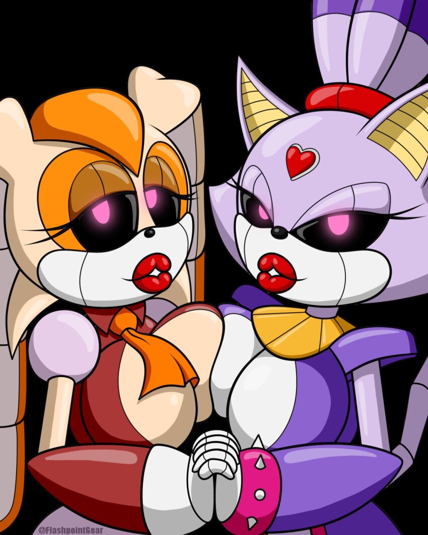 blaze_the_cat breast_press breasts bunny_girl cat_girl female_only femdom femsub flashpointgear furry happy_trance heart huge_breasts lipstick necklace pink_eyes ponytail robot robot_girl robotization smile sonic_the_hedgehog_(series) standing tie vanilla_the_rabbit