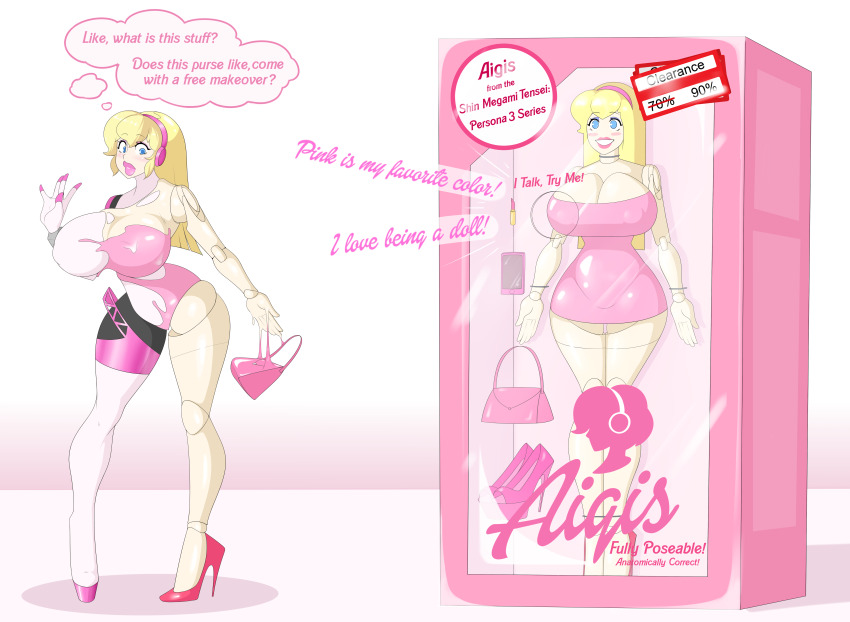 absurdres advertisement aegis_(persona) before_and_after bimbofication blonde_hair blue_eyes box breasts doll dollification dress empty_eyes female_only femsub happy_trance high_heels huge_breasts inanimate_object large_breasts large_lips latex magic packaged persona_(series) persona_3 petrification puckered_lips rubber sealguy short_hair smile text transformation
