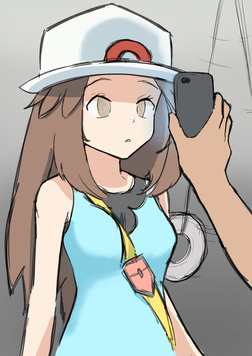 absurdres breasts brown_eyes brown_hair clothed coin expressionless femsub glowing gradient_background hat hypnotic_screen leaf_(pokemon) long_hair nintendo pendulum phone pokemon pokemon_firered_and_leafgreen saruwa shirt simple_background spiral_eyes tech_control