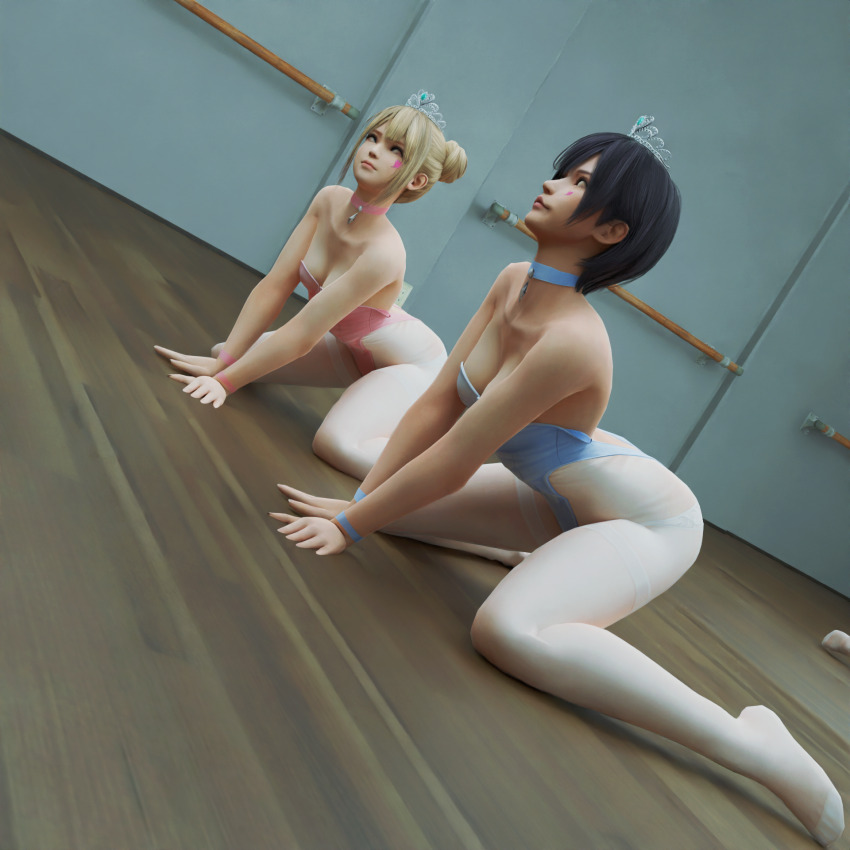 3d all_fours ballerina black_hair blonde_hair blue_eyes choker cleavage collar crossed_eyes dead_or_alive esccc expressionless face_paint feet female_only femsub hair_buns large_breasts leotard marie_rose multiple_girls multiple_subs nagisa_(dead_or_alive) pantyhose short_hair small_breasts
