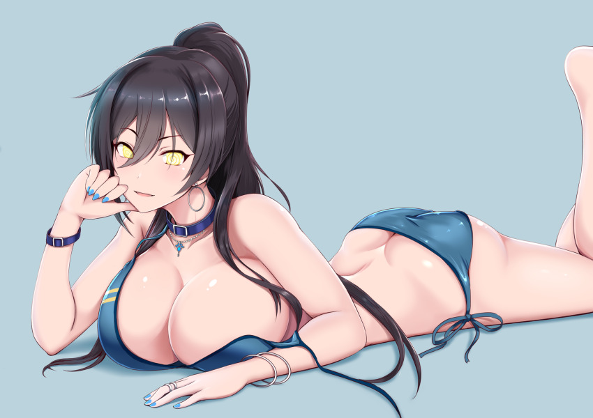 ass bikini black_hair breasts cleavage collar earrings female_only huge_breasts icontrol_(manipper) jewelry long_hair looking_at_viewer lying manip moo_yoshio necklace open_mouth ponytail sakuya_shirase simple_background solo spiral_eyes swimsuit symbol_in_eyes the_idolm@ster the_idolm@ster:_shiny_colors