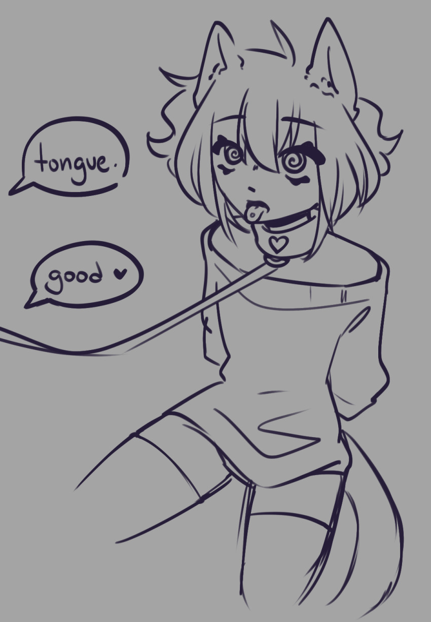 arms_behind_back cat_boy cat_ears cat_tail collar dialogue drugs femboy heart leash male_only malesub matraki open_mouth original shirt short_hair sketch solo speech_bubble spiral_eyes sweater symbol_in_eyes text thighhighs tongue tongue_out