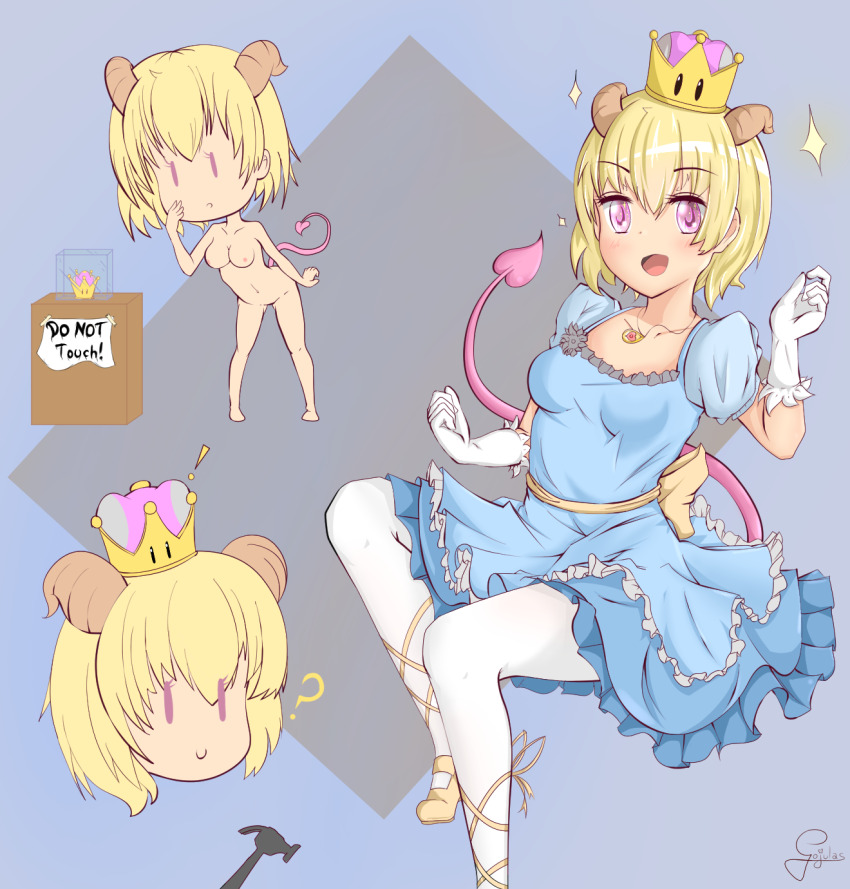 barefoot blonde_hair bottomless breasts crown demon_girl female_only femsub gloves gojulas happy_trance horns jewelry kaa'lin large_breasts monster_girl nude original princess short_hair succubus super_crown tail topless