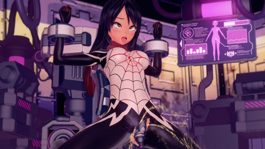 3d black_hair bobasooba bodysuit breasts brown_eyes corruption electricity eye_roll female_only femsub koikatsu! long_hair monitor multicolored_hair open_mouth restrained scarf sex sex_toy silk_(marvel) solo spider-man_(series) spread_legs squirting tears tongue tongue_out torn_clothes vaginal vibrator